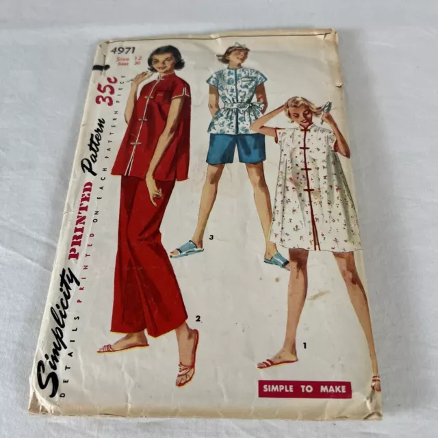 Vintage 50s Simplicity 4971 Pattern Nehru Pajama Set Coat Pants Shorts Size 12