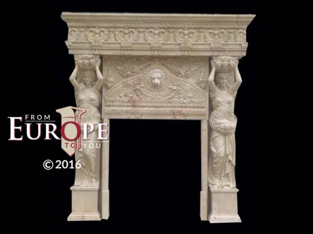 Hand Carved Figurative Solid  Travertine Marble Fireplace Mantel - Mfmn74