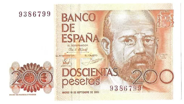 España Billetes Originales 200 Pts. Leopoldo Alas Clarin,  Año 1980.