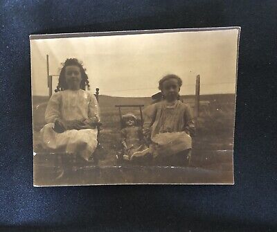 Antique Victorian Little Girls + Pretty Dolls Outside in the Country Photo vtg