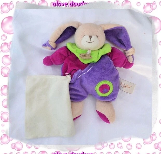 Doudou Peluche Lapin Beige Violet Fushia Vert Rond Mouchoir Blanc BabyNat