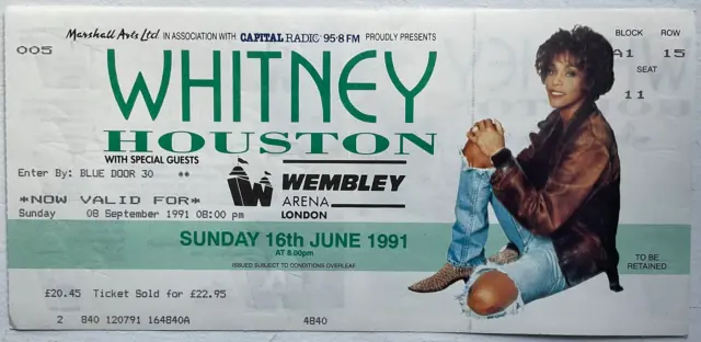 Whitney Houston Original Used Concert Ticket Wembley Arena London 16th Jun 1991