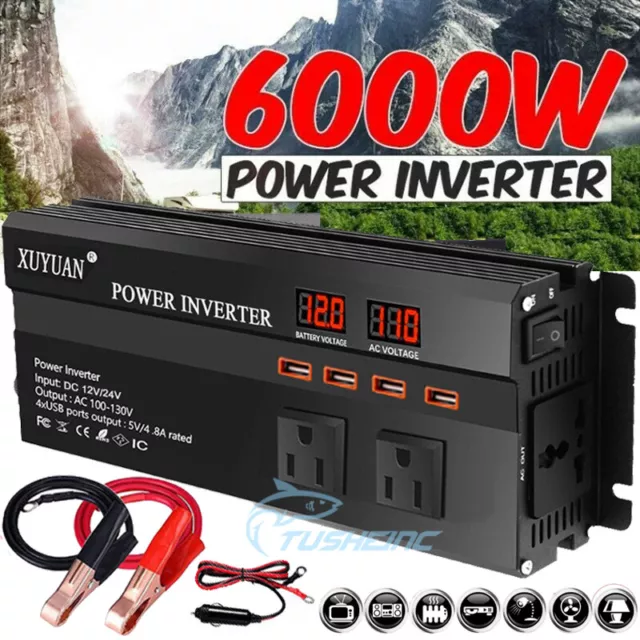 6000W Car Power Inverter DC 12V To AC 110V Pure Sine Wave Solar Converter 4 USB