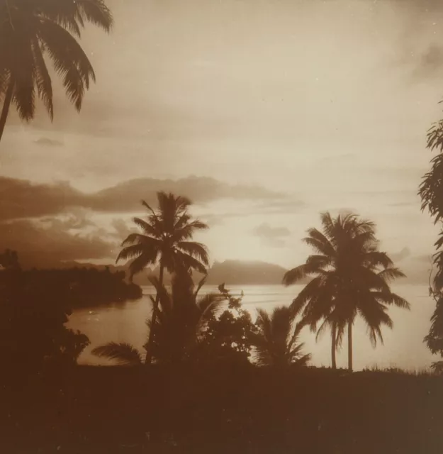 Square Top Keystone Stereoview Sunset behind Moorea Island of Tahiti K600 #1040