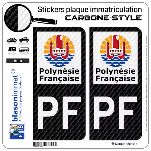 2 Stickers plaque d'immatriculation PF Polynésie Française - COM Carbone-Style