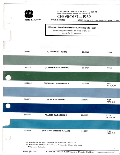 1959 Chevrolet Corvette Impala Corvair Belair El Camino Original Paint Chip Acme