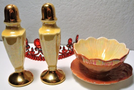 Lusterware Orange/Yellow Royal Winton Grimwades Open Sugar Bowl & Pair Shakers