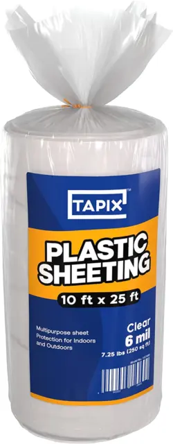 Plastic Sheeting (10' X 25') Long, 6 Mil Poly Sheeting Polyethylene Film, Heavy