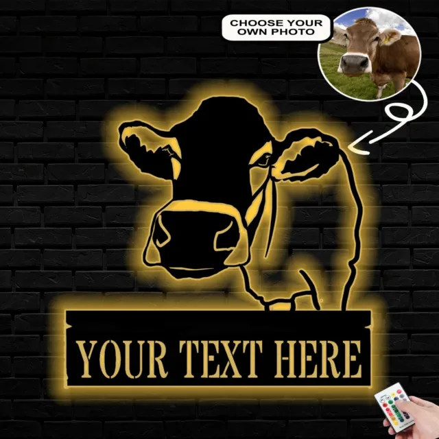 Personalized Cow Metal Sign Led Lights Custom Name Photo, Metal Sign Led Lights