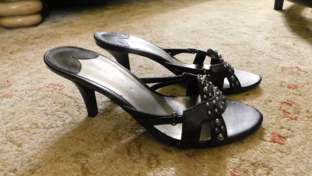 Daisy Fuentes Heeled Studded Shimmy Black Slide 3" Heel Open Toe Sandals sz 7.5