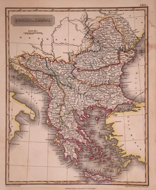 1829 Map TURKEY in EUROPE - BULGARIA - ROUMANIA - BOSNIA (9x11) Free S&H -#1700