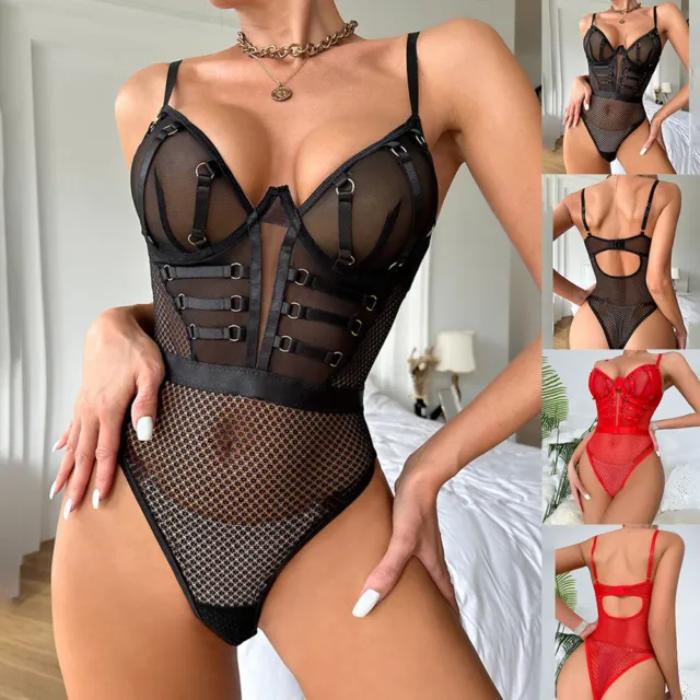 Womens Sexy Bodysuit Lingerie See-Through Babydoll Valentine Erotic Underwear