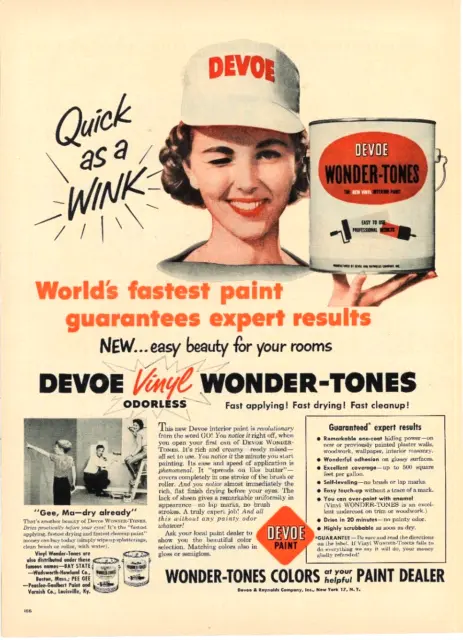 1955 DEVOE Vinyl Odorless WONDER TONES Paint Vintage Print Ad Home Improvement