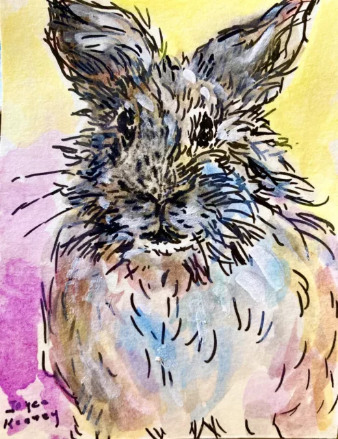 ACEO Easter RABBIT painting Ink watercolor Bunny  wild holiday ORIGINAL Kenney