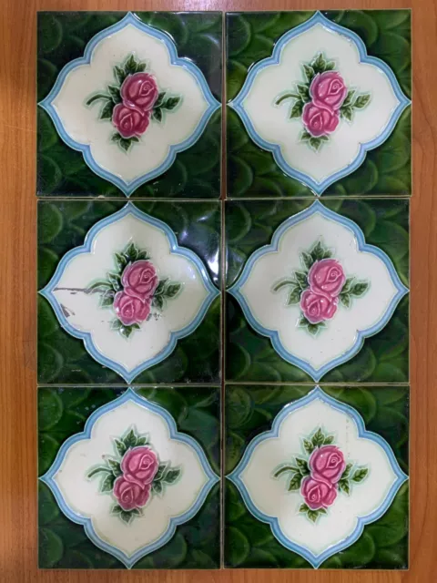 Tiles Japan 6 Pcs Majolica Green Rare Vintage Antique Ceramic Collectible 1930S
