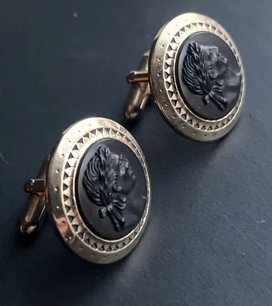 Vintage Roman Soldier /Warrior Cameo Carved Gold Tone  Black Swank Cuff Links
