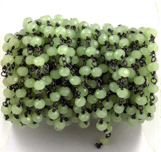 Green Quartz Rondelle Faceted 3-4mm Beads, Rosary Beaded Black Wire Chain 6 Feet