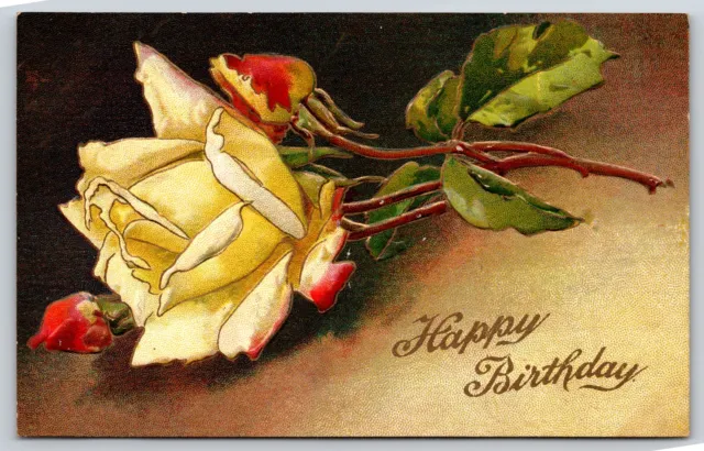 Happy Birthday~Yellow Rose W/ Flower Buds~Embossed~Diamond Series~Vintage PC