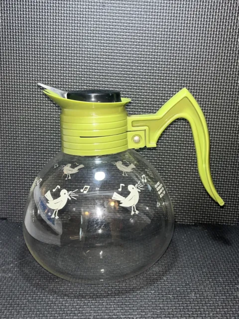 Vintage CORY Carafe Whistles Birds/Ducks Green -  CTP-L Glass Coffee Tea Pot