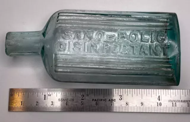 Aqua Oval Bottle Embossed SANO-BOLIC DISINFECTANT 4 1/2" tall KO-11