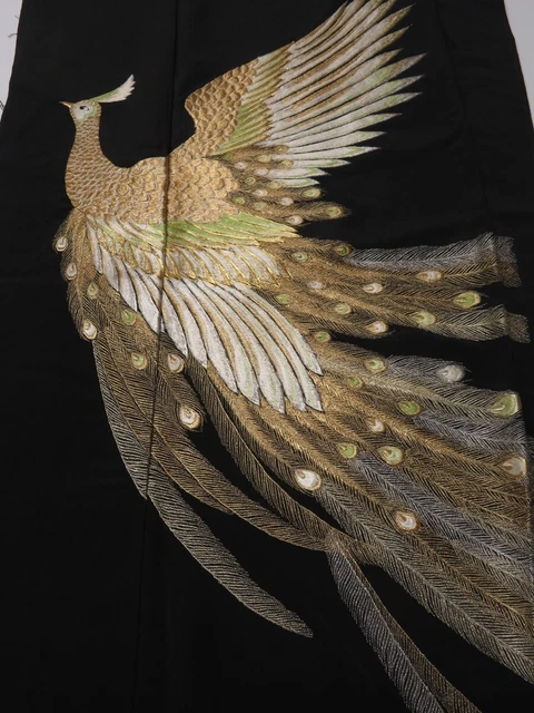 2i01z150 Japanese Kimono Silk  FABRIC Black Peacock 47.2"