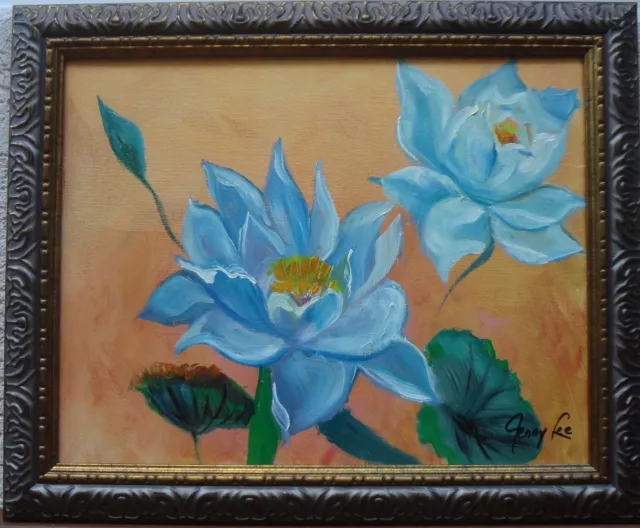 Original Oil Paining Hawaii Artist, "Blue Lotus On Gold 11" One Of A Kind