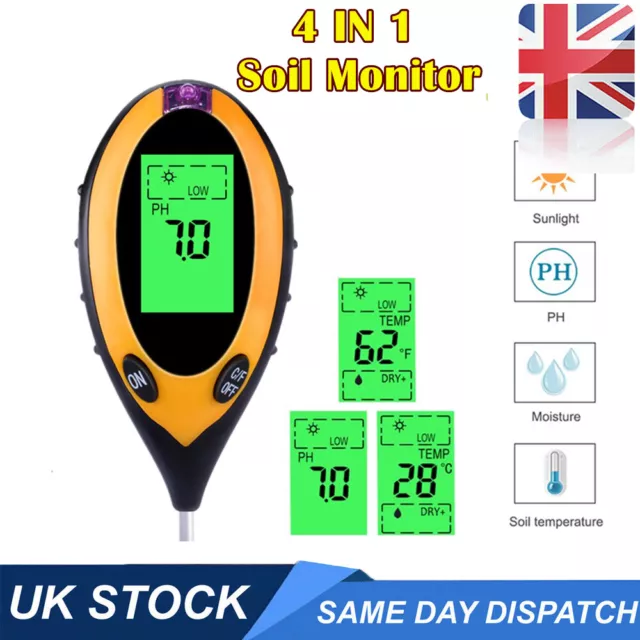 4 in1 Soil Soil PH Meter LCD Digital pH Temperature Sunlight Fertility Tester UK