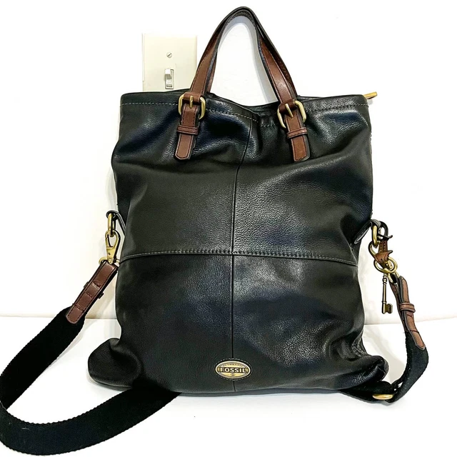 Vintage Fossil 1954 Leather Black Brown Hobo Oversized Bag Cow Hide Large Tote