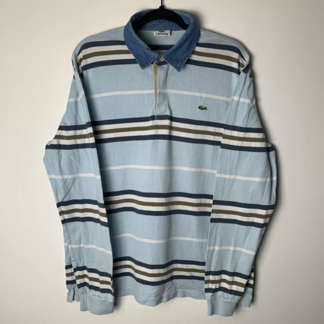 LACOSTE Striped Blue Rugby Polo Long Sleeve Collared Shirt Size Men's Large L