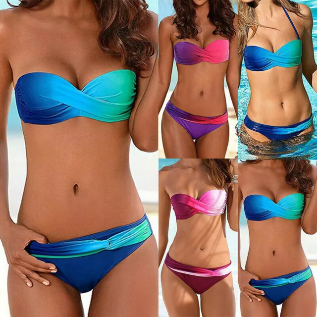 Women Bandeau Padded Push-Up Bikini Set Strapless Swimwear Swimsuit Bathing Suit