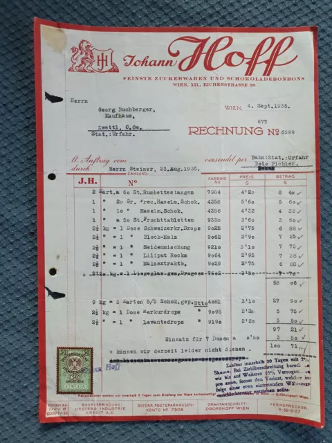 Alte Rechnung 1935 aus Wien Johann Hoff, Zuckerwaren-Schokoladenbonbons  (RE16)