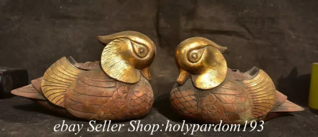 7.6" Marked Old Chinese Copper Gilt Fengshui Mandarin duck incense burner Pair