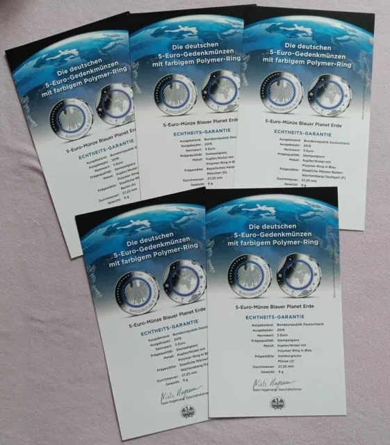 Blauer Planet Erde 2016 Echtheits - Zertifikate ADFGJ für 5 x 5 Euro Gedenkmünze
