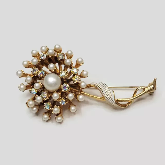 Vintage Gold Tone Pearl Brooch / Pearl Brooch Pin / Costume Pearl