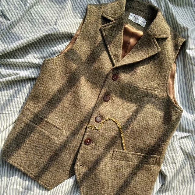 Gilet da uomo retrò lana tweed spina di pesce risvolto girovita abiti top formali