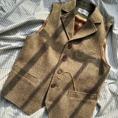 Mens Retro Wool Tweed Herringbone Vest Lapel Waistcoat Gilet Suits Formal Tops