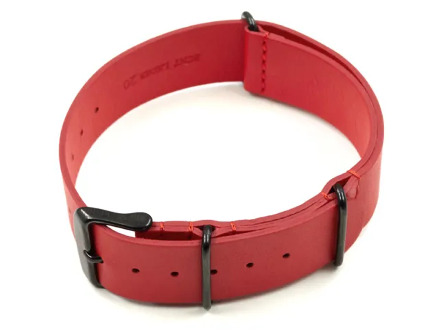 Bracelet cuir NATO rouge boucle noire véritable vachette 18mm 20mm 22mm 24mm