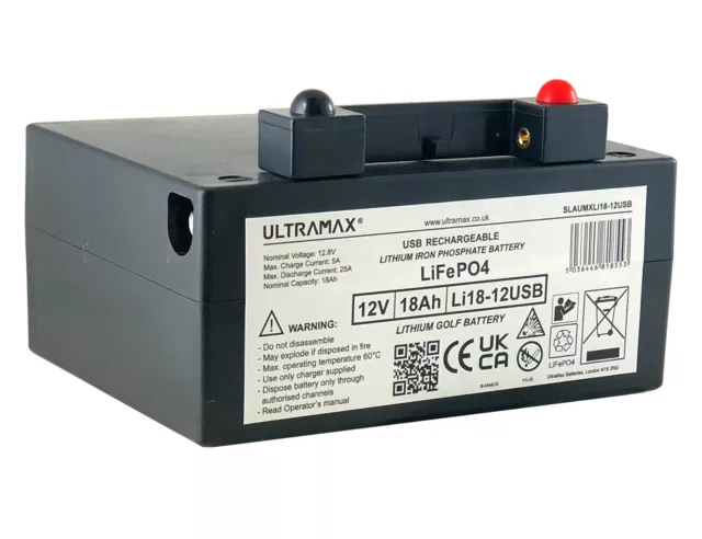 Powakaddy Replacement Universal 18/27 Hole Lithium Golf Battery 12V 18 Amps Usb 3