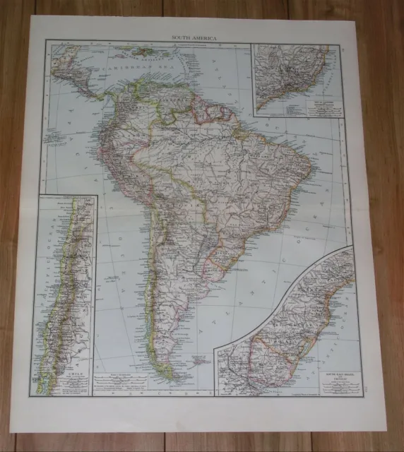 1896 Antique Map Of South America Brazil Argentina Chile Ecuador Falklands