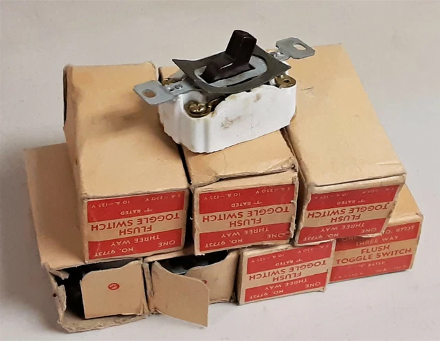 Lot of 8 Vintage Paulding 9773T Porcelain 3-Way Flush Toggle Switches - Brown