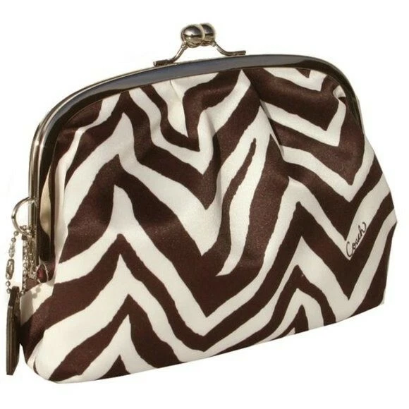 Coach Zebra Satin Framed Wristlet Clutch Bag Kiss Lock Closure Removable Strap
