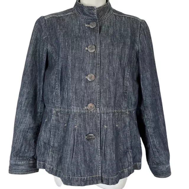 J Jill Womens Dark Blue Denim Pleated Button Up Long Sleeve Jean Jacket sz 8