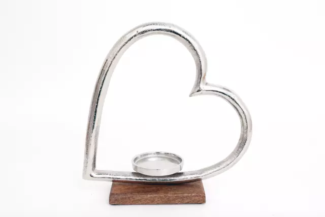 Heart Shaped Metal Silver Colour Candle Holder On a Wooden Frame 28cm