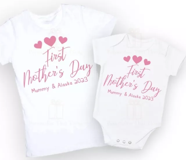 Our first Mother’s Day matching custom name heart Tshirts / baby bodysuit