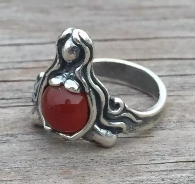 Goddess of Abundance ring .925 Sterling Silver Sz 6 w/ Genuine Carnelian gem USA