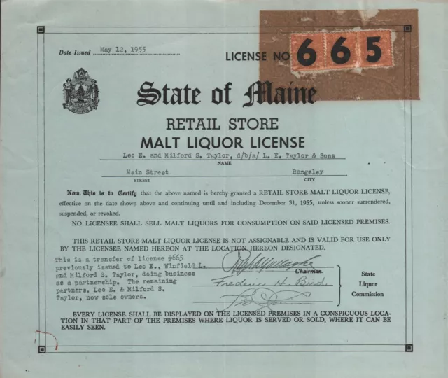 Vintage State Of Maine Retail Store Rangeley Malt Liquor/Beer Licence #665 1955