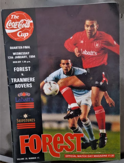 Tranmere Rovers Away Programme  - v NOTTINGHAM FOREST COCA COLA CUP 12/1/1994