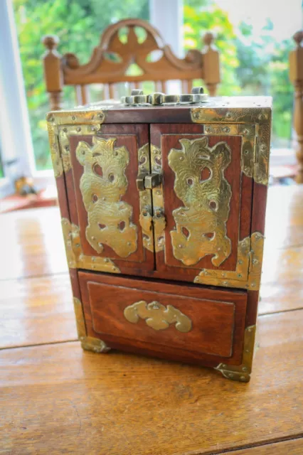 Antique - Chinese Jewellery Cabinet Miniature Drawers - Brass & Rosewood