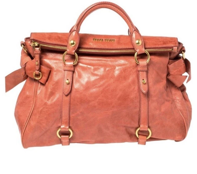 Authentic Miu Miu Vitello Lux Bow Satchel Salmon Orange Coral Calfskin Hobo Bag