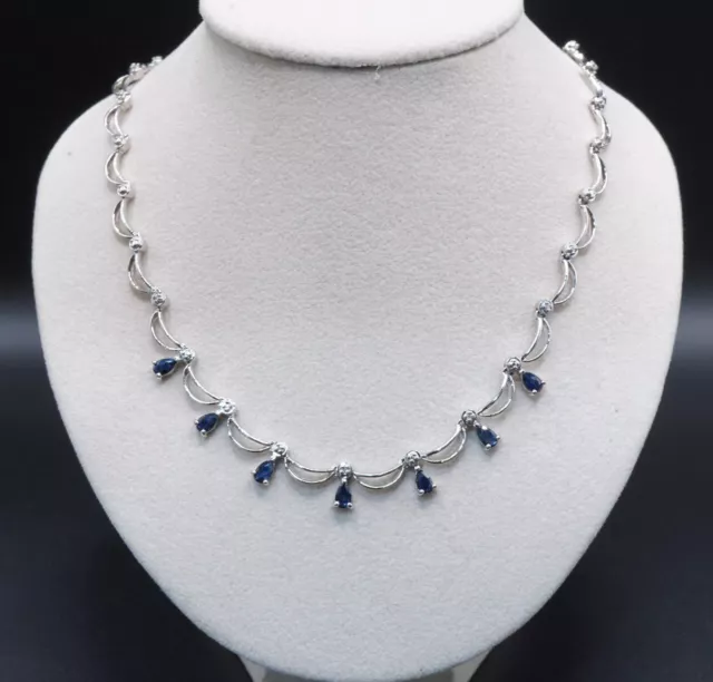 925 Sterling Silver Necklace with Rhodium and SAPPHIRE stones, adjustable curved